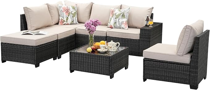 Jing's Villa 7-Piece Patio Furniture Set, All-Weather Outdoor Wicker Sectional Sofa with Cushions, Tempered Glass Table & Ottoman, Rattan Conversation Seating for Porch, Garden, Backyard,Beige JingsVillaOutdoorFurniture