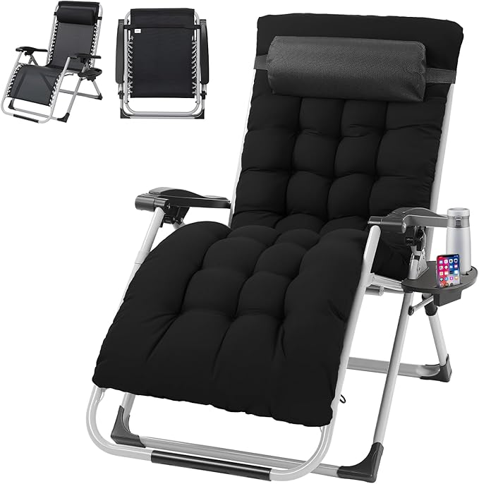 VINGLI 29" Padded Zero Gravity Chair, Lounge Chair with Removable Cushion & Tray， Folding Reclining Patio Chairs， Recliner Chair for Lawn，Indoor Outdoor-Black VINGLI