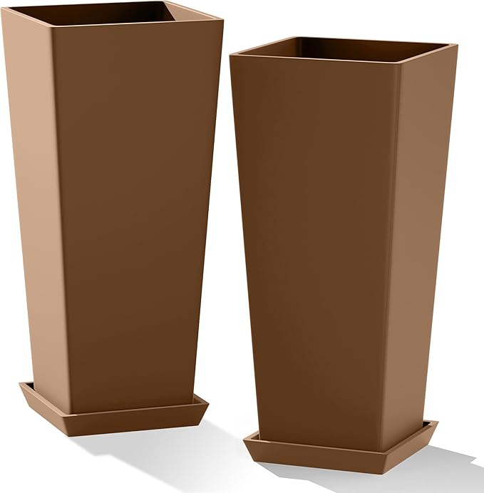 Set of 2 Large Planters for Outdoor Plants 24" Tall Tapered Modern Flower Pots with Drainage Tray for Garden, Patio, Porch (Brown) PolarcoForgeco