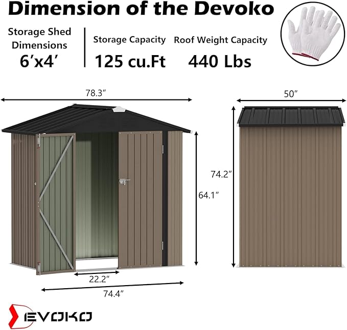 Devoko Outdoor Storage Shed 6 x 4 FT Lockable Metal Garden Shed Steel Anti-Corrosion Storage House with Double Lockable Door for Backyard Outdoor Patio (Brown) DEVOKO