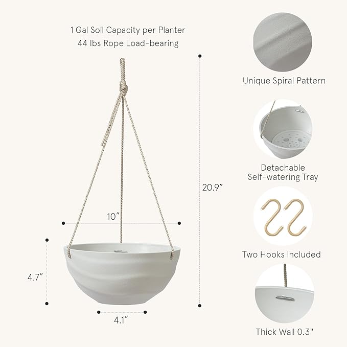 La Jolie Maison 10 Inch Hanging Planters for Indoor Plants, Outdoor Garden Planter Pots with Self-Watering Tray, Oatmeal, Set of 2 LaJolieMaison