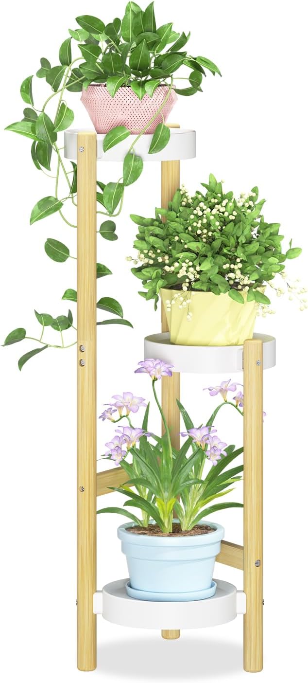 iDavosic.ly 3 Tier Bamboo Plant Stand Indoor Outdoor with Plastic Tray, Tiered Corner Flower Holder Shelf, Space Saving Orchid Display Rack for Patio Porch Living Room Garden Balcony, Natural White iDavosicly