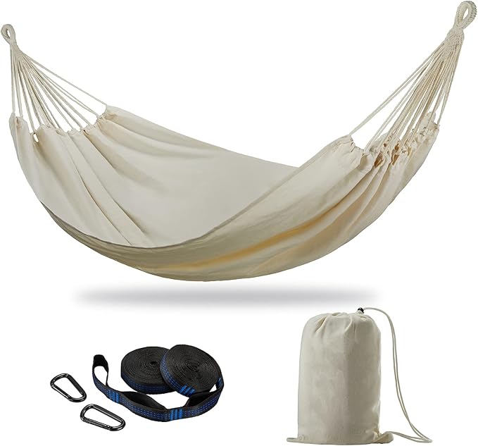 Brazilian Double Hammock with Tree Straps,Extra Large 240x160cm,2 Persons Hammock for Backyard Patio Outdoor and Indoor,450lbs Weight Capacity,Soft Woven Cotton Fabric Natrual White CHULIM