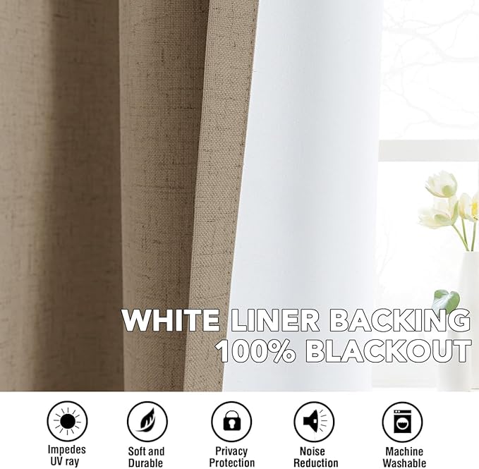 H.VERSAILTEX Linen Curtains 100% Blackout Curtains for Bedroom 108 inch Long Full Light Blocking Nature Linen Blended Window Curtains for Living Room Nickel Grommet (2 Panels, Heathered Macchiato) HVERSAILTEX