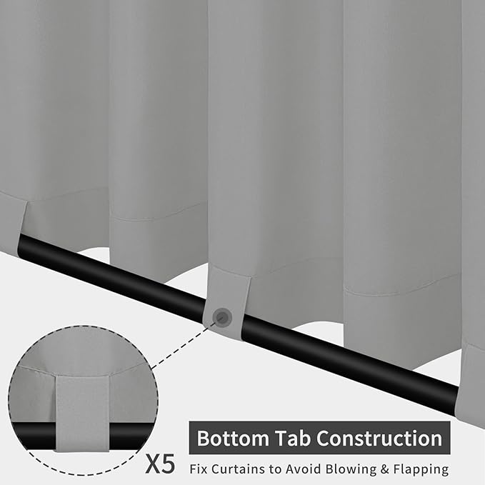 Easy-Going Outdoor Patio Curtains Detachable Tab Top Windproof Weatherproof Curtain for Cabana, Porch, Pergola and Gazebo, Tab Bottom Drape, 2 Panels, 110W x 84L inch, Light Grey Easy-Going