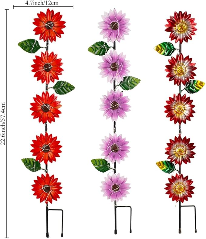 Set of 3 Solar Garden Lights,22.6'' H Flowers Decorative Garden Stakes,Waterproof Metal Spring Yard Art Decor,Solar Stake Lights for Outside,Lawn,Yard,Patio SATHGA
