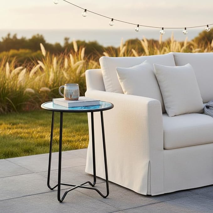 LIFFY Outdoor Side Table,14" Indoor Outdoor Round Glass Tabletop Accent Table with Metal Frame, Decorative Plant Stand & End Table for Home, Patio, Garden LiffyArt