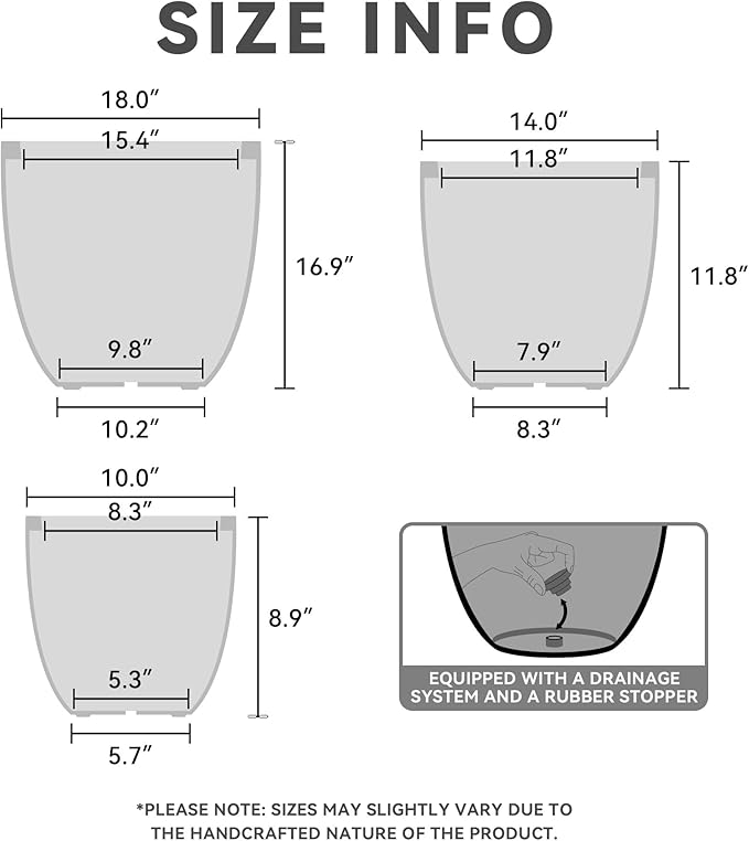 Kante 18",14",10" Dia Concrete Round Planters (Set of 3), Outdoor Indoor Large Planter Pots with Drainage Hole and Rubber Plug for Home Patio Garden, Gray Kante
