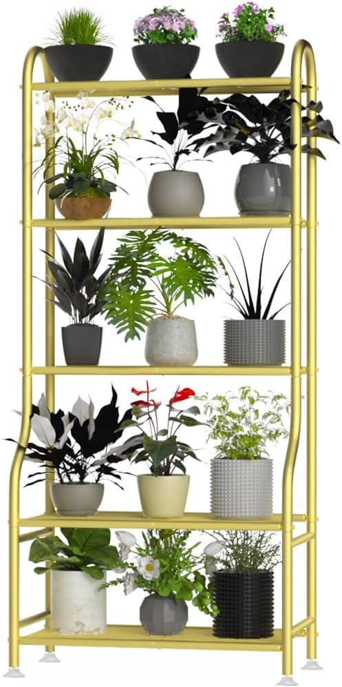 5-Tier Metal Plant Stand Indoor Outdoor, Waterproof Flower Stand for Multiple Pots, Heavy Duty Plant Stands for Living Room Patio Garden Decor, Tall Plant Shelf with Leveling Feet, Gold Yutrchey