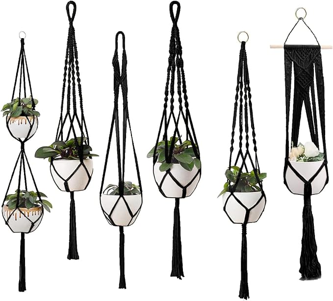Feedee Macrame Plant Hangers - 6 Pack, Black, Indoor/Outdoor, Cotton Feedee