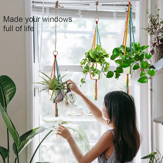 Rainbow Macrame Plant Hangers Indoor Outdoor, 3 Pack Different Size Flower Pot Holder Hanging Plant Holder for Windows Garden Boho Home Decor HOWMAX