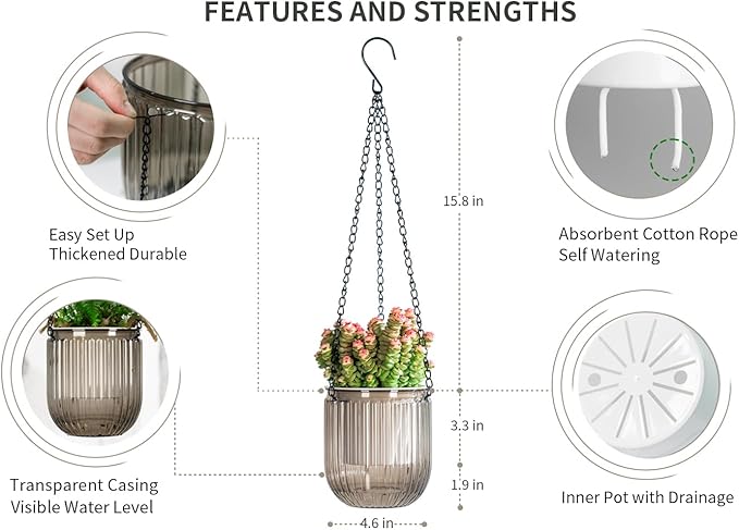 Josteve 4.5 Inch 2 Pcs Self Watering Hanging Planter Indoor Plant Pots Drainage Holes, Outdoor Small Hanging Planters Flower Pot Basket, Visible Water Level, Plant Hanger Home Decor, Gardening Josteve
