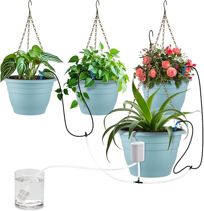 Hanging Planters 10 Inch, 4 Pcs Flower Pots Automatic Watering System Set, Self Watering Hanging Basket with Drainage Hole for Indoor Outdoor Plants, Decor, Blue RooTrimmer