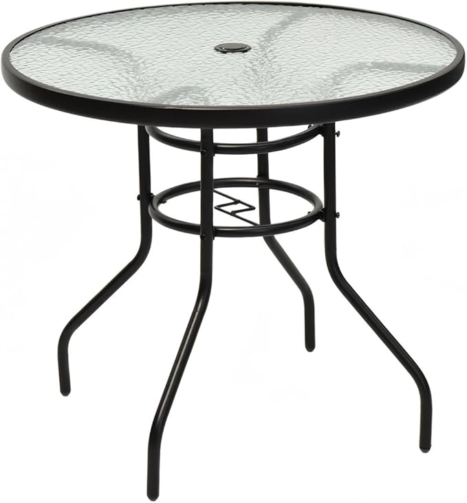 Tangkula 32" Round Outdoor Table with Tempered Glass Top, Patio Dining Table with Umbrella Hole & Metal Frame, Outside Bistro Table for Backyard, Lawn, Deck & Poolside TANGKULA