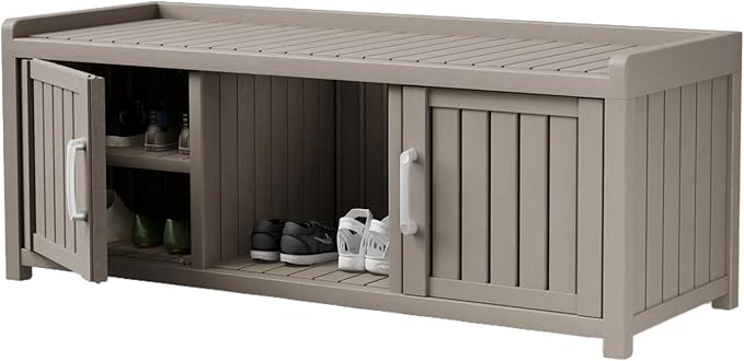 Storage Bench - Waterproof Resin Shoe Bench with Adjustable Shelves - Indoor & Outdoor Use, 2 Doors Entryway Bench with Hidden Storage Space - Storage Cabinet for Bedroom, Hallway, Grey Outdoorchairs