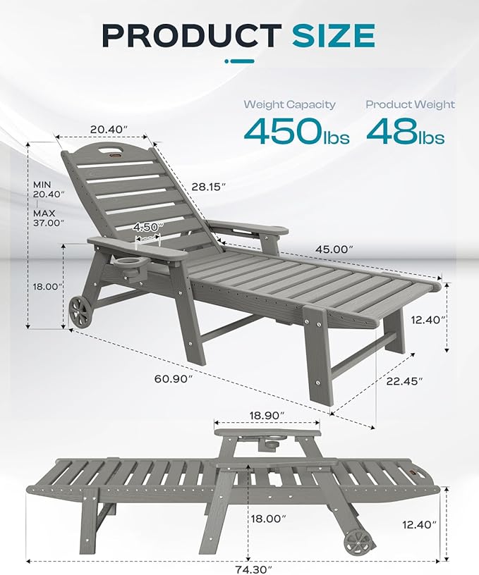 Ciokea Lounge Chair Outdoor, Oversized Chaise Lounge Chair with 5 Positions, HDPE, Patio Lounge Chair with Wheels & Cup Holder for Pool, Deck, Poolside, Grey CIOKEA