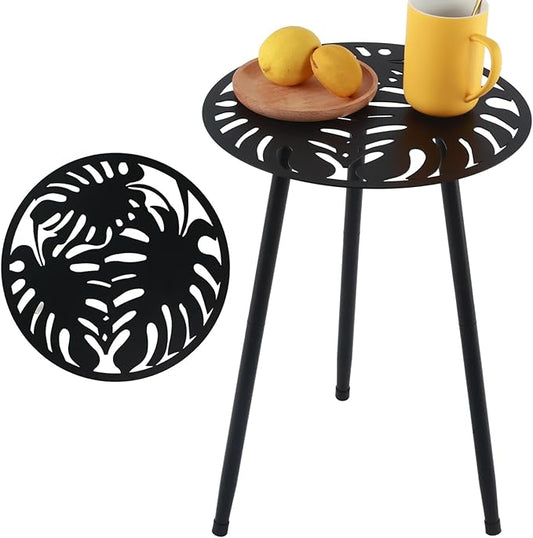 1 Pack Metal Outdoor Side Tables Small Outside Round End Table for Patio Modern Accent Garden Corner Table for Small Spaces, Balcony, Porch, Weather-Resistant, Plant Stand Indoor, Black PartyZealot