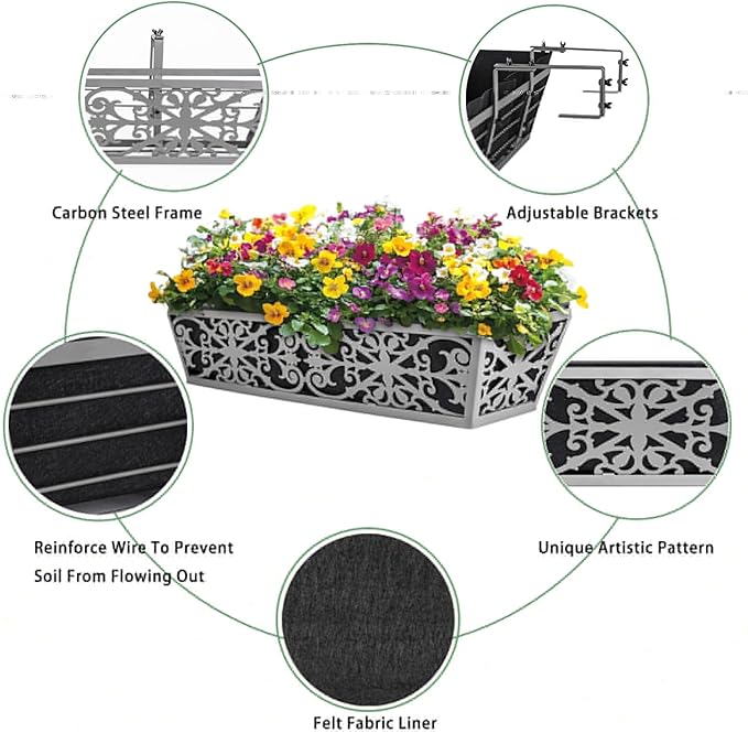 4 Pack 24 Inch Window Boxes Planter for Outdoor Plants Deck Railing Planters Box with Adjustable Brackets for Porch Fence Balcony Hanging Flower Baskets with Non-Woven Fabric Liner for Garden Decor KarlliuHOMEGARDEN