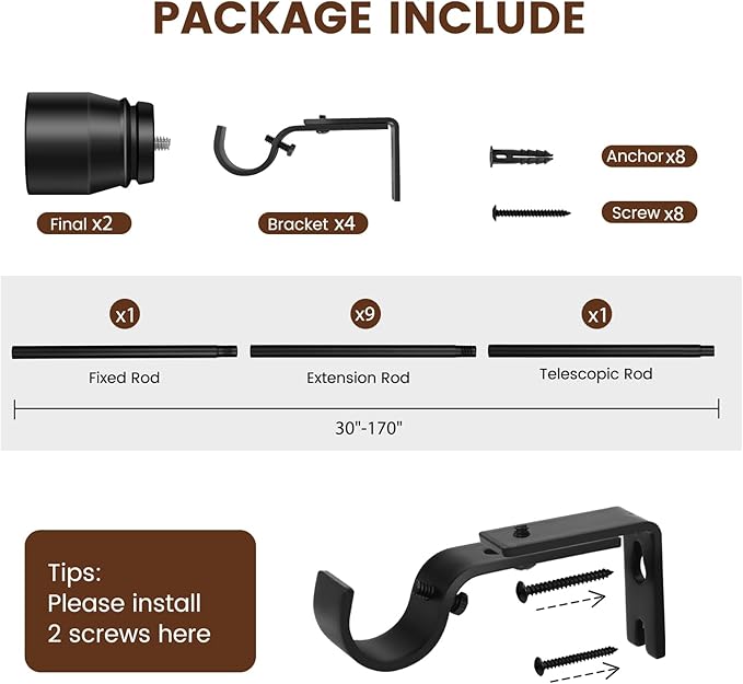 1” Diameter Curtain Rods Itself is 30 to 170 inch 1 Pack Fit 30-168 inch Window with Heavy Duty Adjustable Rod Matte Black Splicing Metal Extra Long Curtain Rod for Windows Rootora