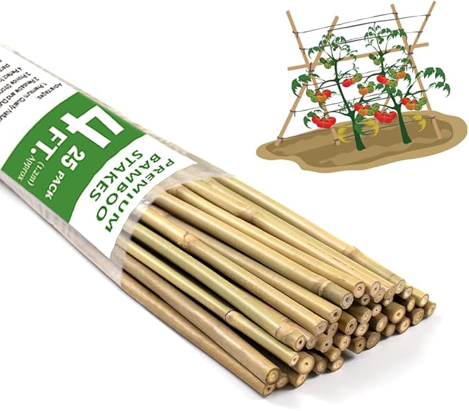 Bamboo Stakes,4FT Natural Bamboo Garden Stakes,BOVITRO 25Pcs Plant Stakes,Bamboo Sticks for Tomato,Beans,Vegetable and Climbing Plants BOVITRO