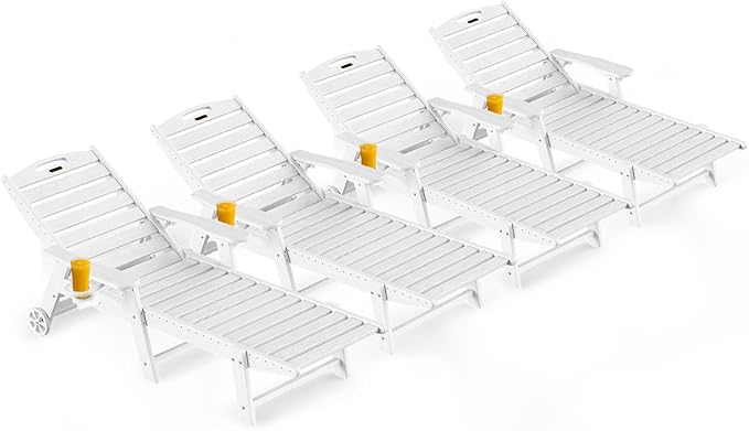 Outdoor Lounge Chair Set of 4, All Weather Patio Chaise Lounge Chairs for Outside, HDPE Chair with Rolling Wheels & Cup Holder, 5 Position, Deck, Pool, White CIOKEA
