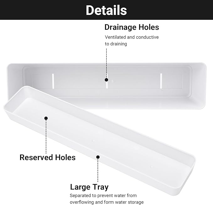 GREANER 12x3.8 Inch Herb Planters, 6 Pack White Rectangle Window Boxes with Tray, Indoor Succulent Cactus Mint Plastic Pot with Saucer for Windowsill, Balcony, Office, Outdoor Garden GREANER