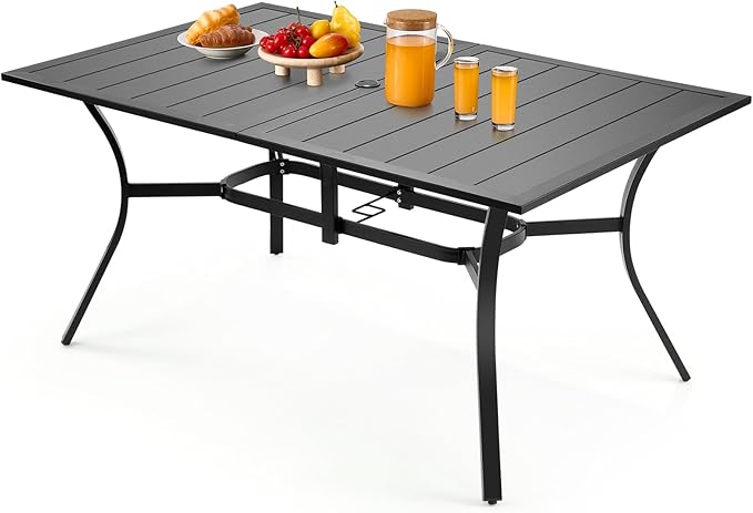 VEVOR Outdoor Patio Dining Table, 59 inch Long Rectangular Metal Steel Slat Backyard Bistro Tables for 4-6, with 1.5 in Umbrella Hole, All-Weather Large Furniture for Lawn Garden Porch, Black VEVOR