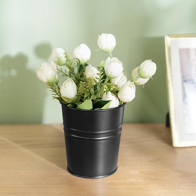 Dahey 5 Pcs Hanging Flower Pots 4 Inches Metal Iron Bucket Outdoor Planter for Railing Fence Balcony Garden Home Decoration Flower Holders with Detachable Hooks, Black Dahey