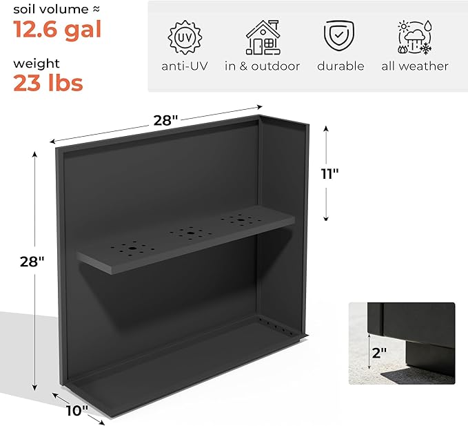 Worth 28" Galvanized Steel Planter Box, Outdoor Rectangular Tall Metal Planter with Insert Shelf & Drainage Holes, Matte Black Standing Plants Box for Patio, Garden, Balcony WORTH