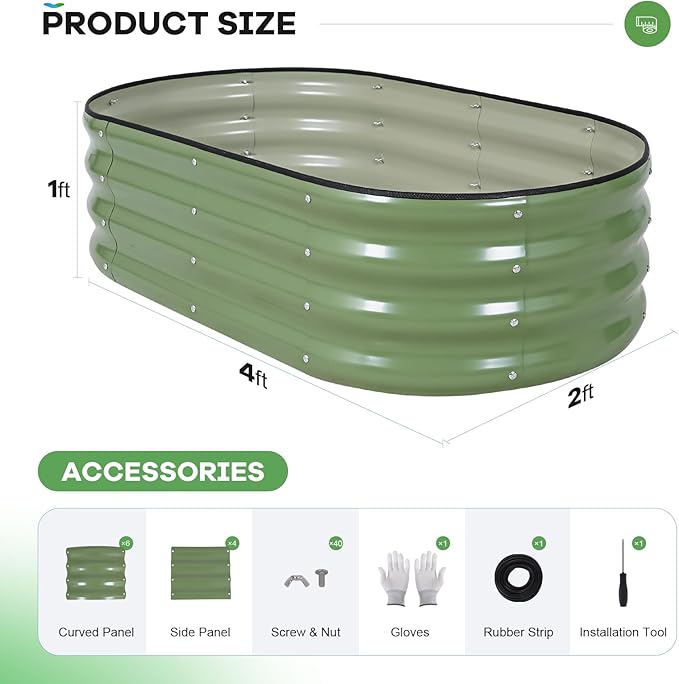 Galvanized Raised Garden Bed Outdoor, 4x2x1ft Oval Metal Raised Beds for Gardening, Rust-Resistant Garden Planter Box with Tools for Planting Vegetables, Flowers, Fruits in Lawn (Olive Green) HEALSTOK