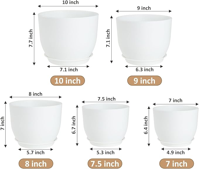 Plant Pots 10/9/8/7.5/7 inch Flower Pots with Multi Mesh Drainage Holes, Planters for Indoor Outdoor Garden Plants and Flowers. (White) AFamilyofGardenLovers