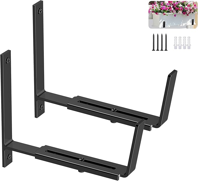 Y&M 2 Pack Adjustable Planter Box Brackets (6 to 12.5 in), Universal Window Box Brackets, Heavy Duty Iron Flower Box Wall Mounting Hooks for Balcony, Fences, Patio, and Garden - Black YM