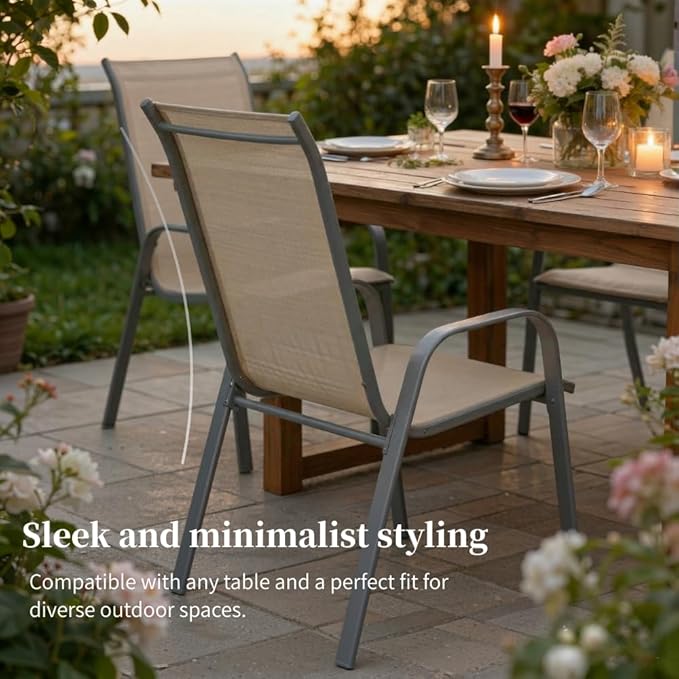MAMIZO Patio Dining Chairs, Stackable All Weather Teslin Chair, Heavy Duty Outdoor Breathable Chairs Set, w/Armrests, Upgraded Chair FeetW/Strenthened Iron Spacers, 330 LBS (6, Brown) MAMIZO