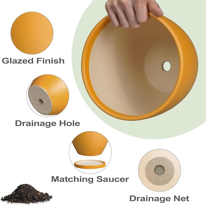 10 Inch Plant Pot - Ceramic Planter with Drainage Hole and Saucer, Modern Flower Pot, Round Planters for Indoor Plants, Home Patio Bathroom Porch Garden Living Room Decor, Orange EPFamily
