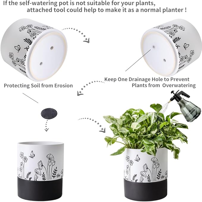 Nihow Self Watering Plant Pot: 6 Inch Ceramic Planter with Drainage Hole & Water Storage Plus for Indoor & Outdoor Plants - Cylinder Round Flower Pot for Succulent/Herbs/Violets -White Nihow
