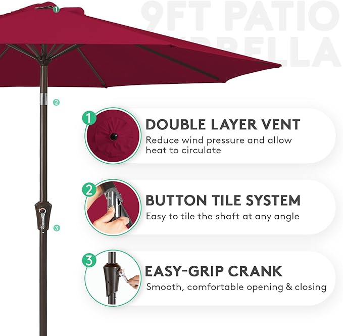 JEAREY 9FT Outdoor Patio Umbrella Outdoor Table Umbrella with Push Button Tilt and Crank, Market Umbrella 8 Sturdy Ribs UV Protection Waterproof for Garden, Deck, Backyard, Pool (Brick Red) JEAREYOutdoorsCollection