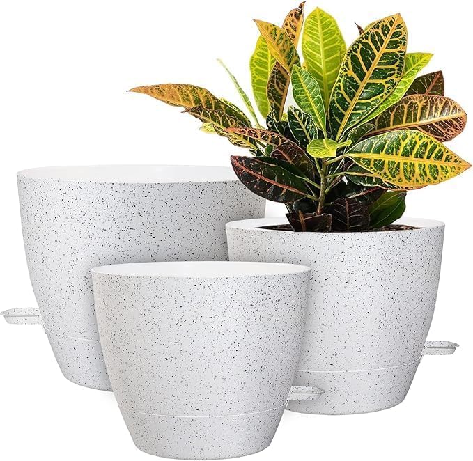 10/9/8 inch Self Watering Pots, Set of 3 Plastic Planters with Mesh Drainage Holes and Deep Reservoir for Indoor Outdoor Garden Plants and Flowers, White Speckles UOUZ