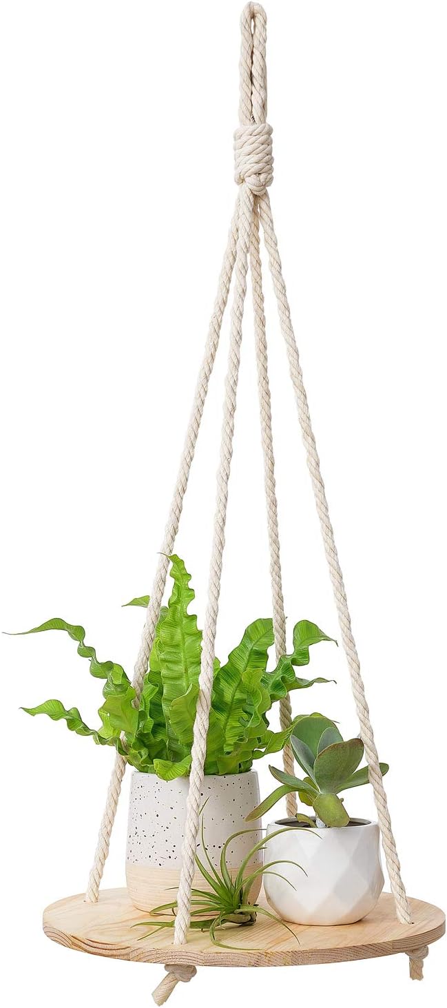 Dahey Hanging Plant Shelf Round Wood Rope Hanging Floating Shelf Boho Home Decor Display Planter Rack for Living Room Bedroom Kitchen Room,Nature Dahey