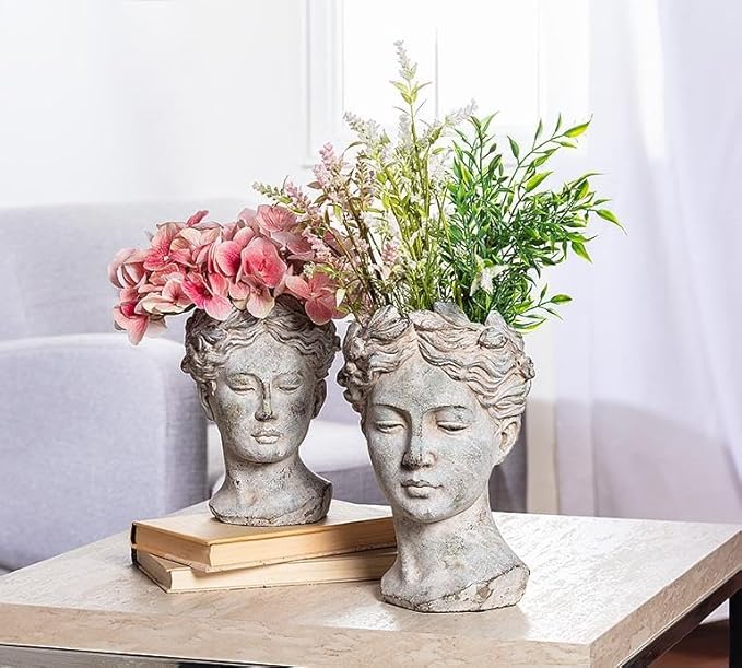 Abbott Collection Goddess Head Planter – Large Cement Indoor and Outdoor Planter Pot – Grecian Woman Statue Head Planter for Flowers and Succulents (Grey, 10" Tall, 4.5" Opening) AbbottCollection