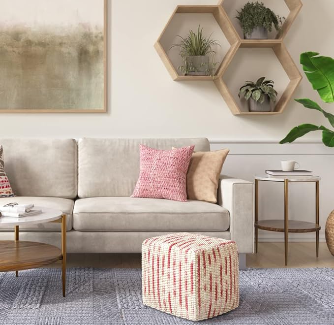 SIMPLIHOME Zoey Boho Cube Woven Pouf in Maroon Cotton and Wool for the Living Room, Bedroom and Kids Room SimpliHome