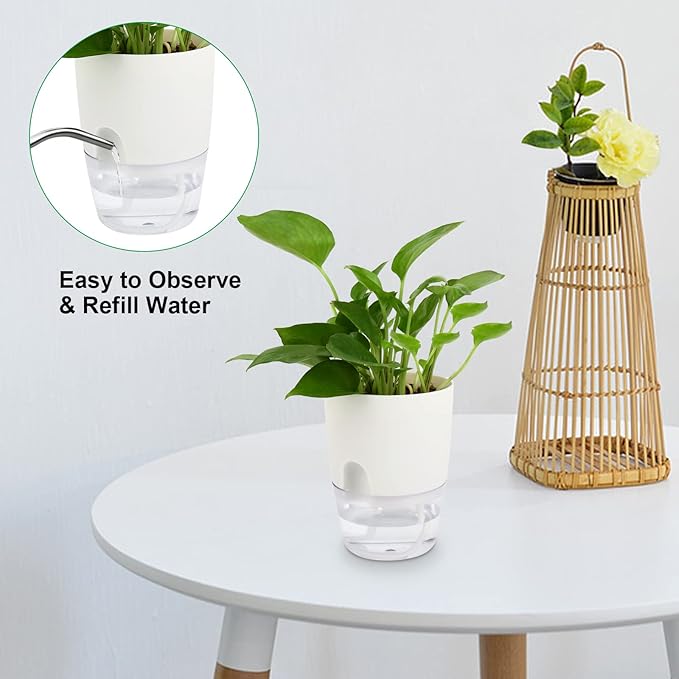 ShineMe Self Watering Pots, 5 Pack Self Watering Planters for Indoor Plants, 4.1 inch Plastic Plant and Flower Pots for African Violets, Herbs, Aloe, Peace Lily with Absorbent Cotton Rope ShineMe