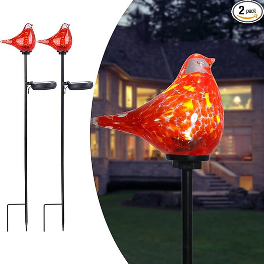 Afirst Solar Outdoor Lights - Decorative Solar Stake Lights Cardinal Handblown Glass Garden Stakes, Waterproof for Pathway Decoration, 2 Pack Afirst