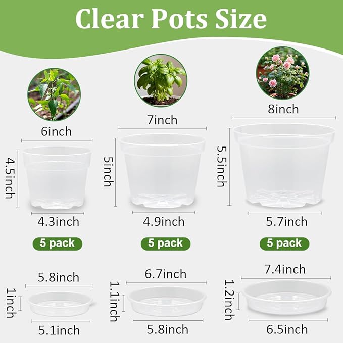 15 Pack 8/7/6 Inch Clear Nursery Pots with Saucer, Transparent Plastic Plant Pot with Drainage Hole, Sturdy Planting Starter Pots for Gardening Flower Herb Vegetable RooTrimmer