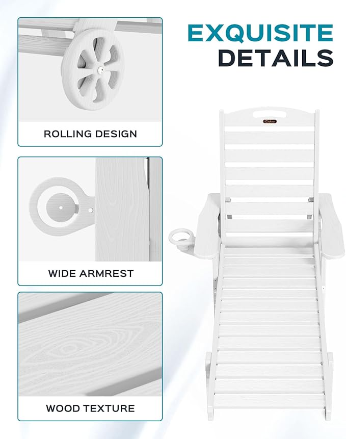 Outdoor Lounge Chair Set of 4, All Weather Patio Chaise Lounge Chairs for Outside, HDPE Chair with Rolling Wheels & Cup Holder, 5 Position, Deck, Pool, White CIOKEA