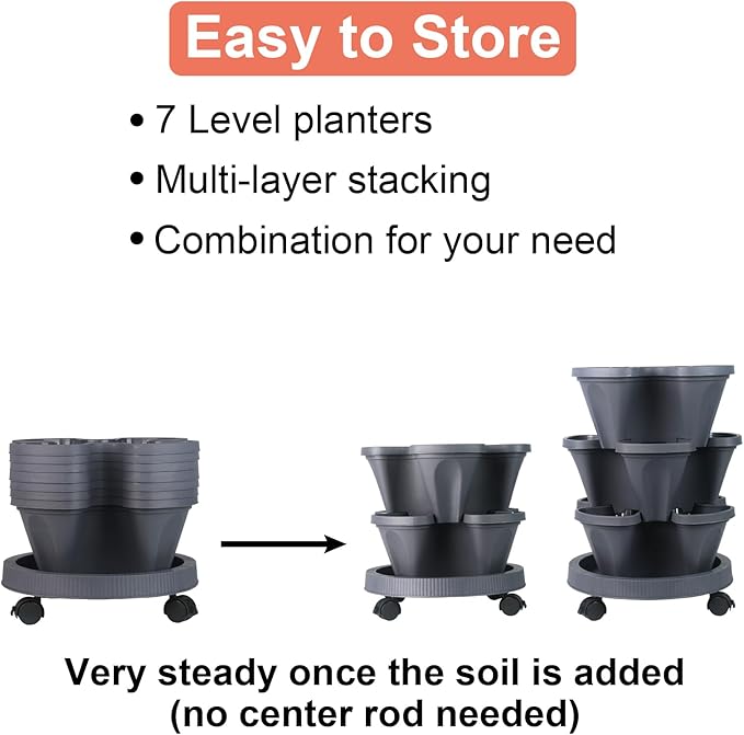 DUNCHATY Stackable Planter, Vertical Garden Planter with Wheels and Tools, Self Watering Strawberry Planter Indoor/Outdoor 7 Tier Herb Planter Pots for Growing Vegetables and Succulents, Dark Gray DUNCHATY