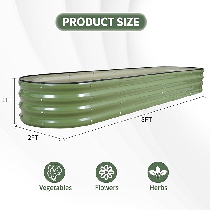 1MORE Galvanized Raised Garden Bed- Planter Garden Boxes Outdoor, Raised Beds for Gardening,8x2x1ft Metal Garden Bed Kit for Vegetables Flower, Planter Raised Beds with Tools.Green 1MORE