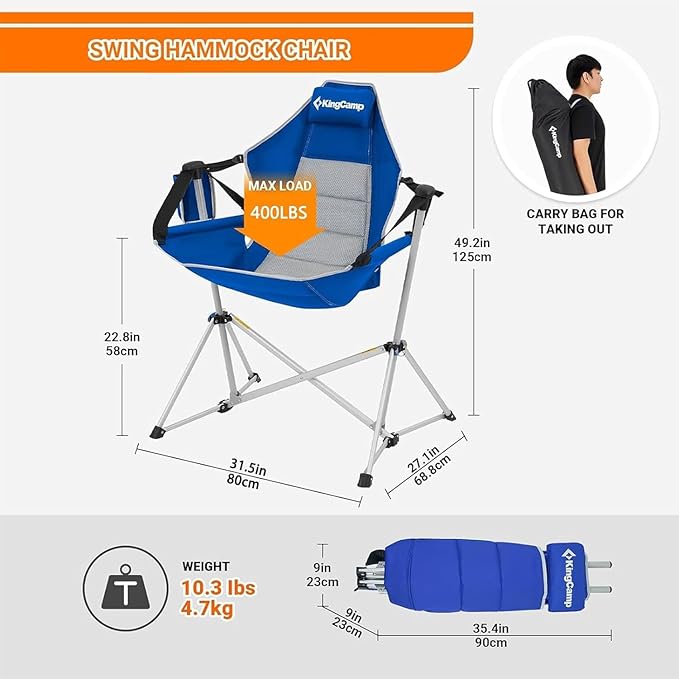 KingCamp Hammock Camping Chair, Swinging Portable Folding Camp Chairs for Adults Max 400lbs Heavy Duty Foldable Oversized Rocker with Aluminum Alloy Frame Cup Holder for Outdoor Beach Patio Sport KingCamp