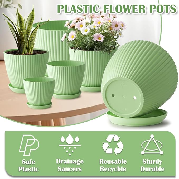 7.5/6.5/5.5/4.9/4.2/3.5 Inch Plant Pots with Saucers & Drain Holes - Indoor/Outdoor Flower Pots for Succulents, Herbs, Cactus - Modern Lightweight Durable Planter Set, Green RooTrimmer