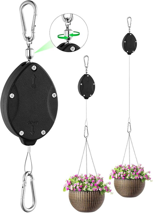 1 Pack Heavy Duty Retractable Plant Hangers, Adjustable Pull-Down Pulleys with 63" Stainless Steel Rope, Double Hooks for Hanging Plants, Bird Feeders, Planters & Pots, Indoor & Outdoor Use FYRVEXENZI