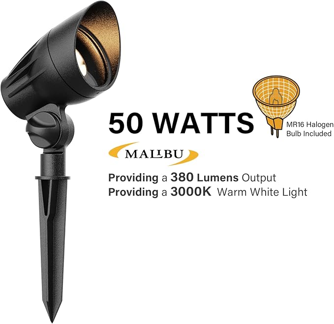 Malibu 50 Watt Floodlight Landscape Lights Outdoor Spotlight Waterproof Path Light Low Voltage Lighting with Spike Stand for Garden, Yard, Pathway, Lawn, Driveway Outdoor Lighting 8301-9601-01 Rootora
